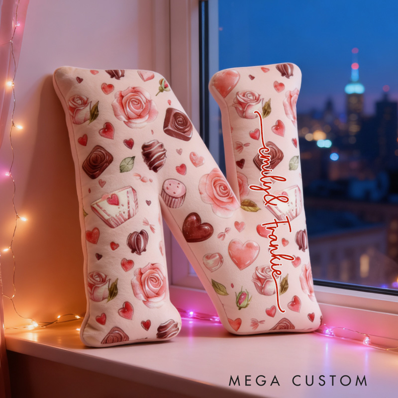 Personalized Chocolate and Heart Alphabet Throw Pillow with Name Graphic 3D Print Cupcake Heart Pillow for Boyfriend Girlfriend Valentines Day Gifts Baking Lover Gift