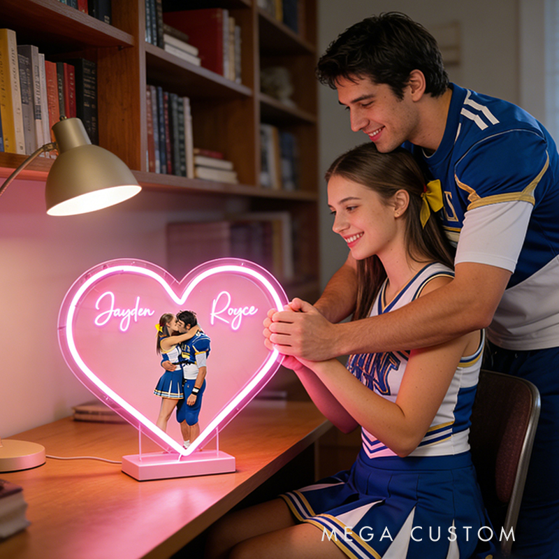 Personalized Football Player Couple Heart Neon Sign with Names and Photo for Romantic Valentine’s Day Decor