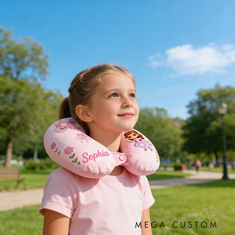 Personalized Christmas Gift Neck Pillow with Princess Carriage and Fairy Tale Pastel Design and Custom Name for Magic Lovers Travel Neck Pillow