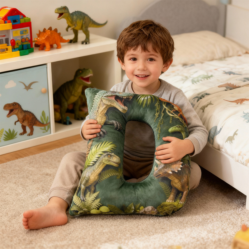 Dinosaur World Initial Graphic 3D Print Pillow with Name Christmas Gift for Kids