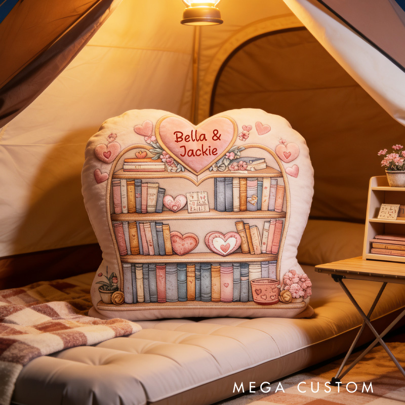 Personalized Valentine Bookcase Throw Pillow Graphic 3D Bookshelf Pillow with Name for Girlfriend Wife Bookish Bookworm Valentines Day Gift