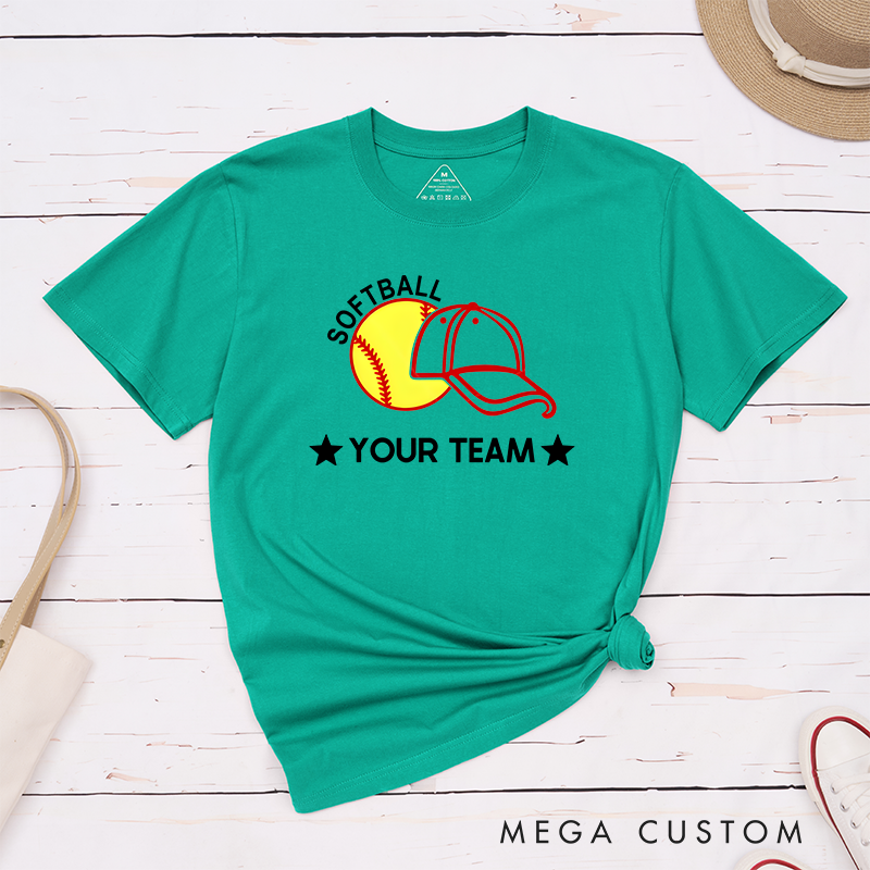 Personalized Softball Team T-Shirt Design Featuring Customizable Team Name Bold Softball Graphic and Baseball Cap Element