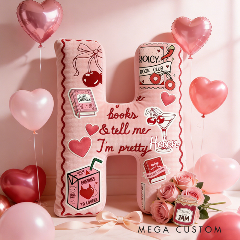 Personalized Buy Me Books Alphabet Throw Pillow Graphic 3D Book Club Letter Pillow with Name for Girlfriend Wife Book Lover Bookish Bookworm Valentines Day Gift