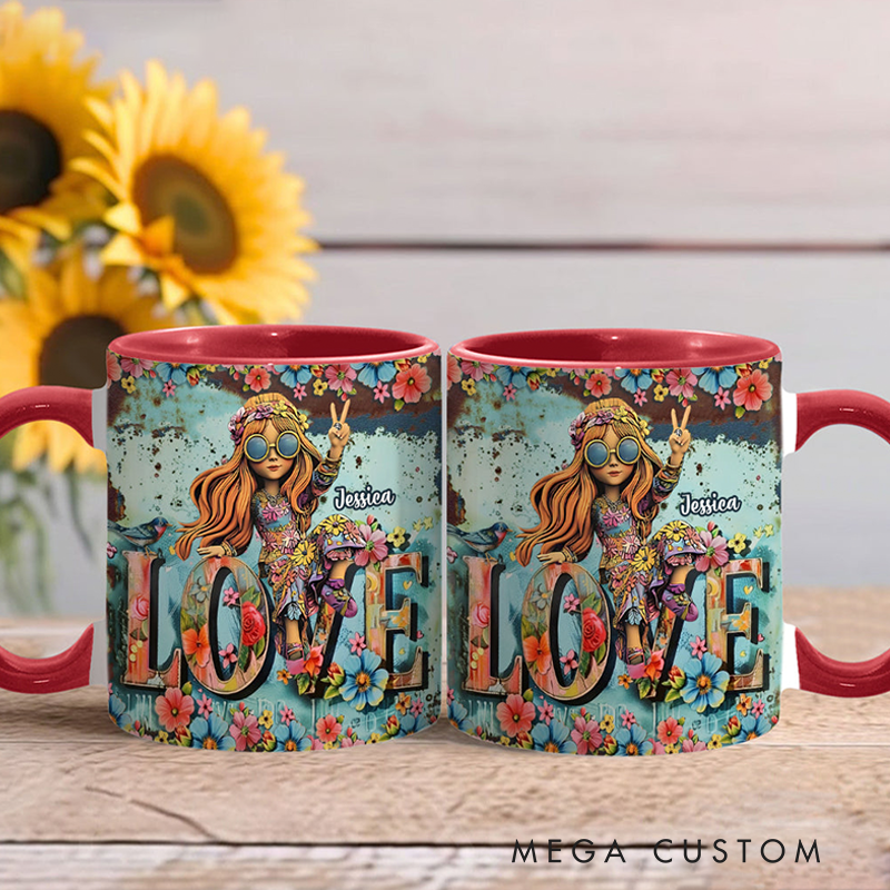 Personalized Hippie Accent Mug Custom Name Hippie Girl Hippie Soul Peace Love Mug for Music Lover Gift