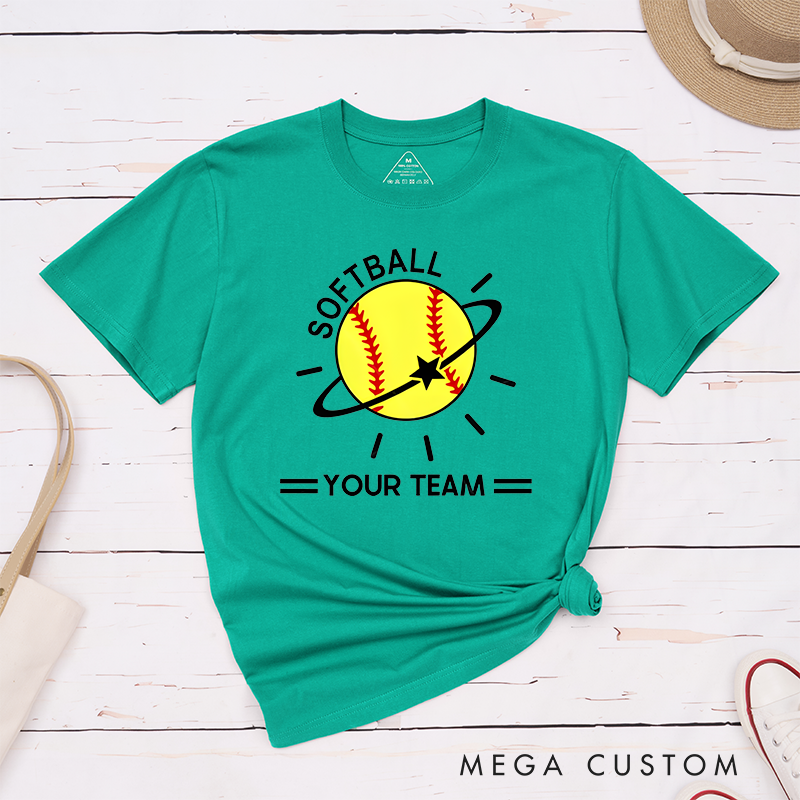 Personalized Softball Team T-Shirt Design Featuring Customizable Team Name Vibrant Softball Graphic with Orbiting Star and Radiating Lines