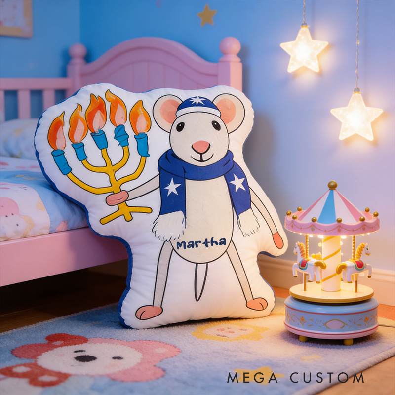 Personalized Hanukkah Mouse Pillow with Custom Name Cute Jewish Holiday Decoration Festive Winter Decor Kids Dreidel Party Favor Happy Hanukkah Gift