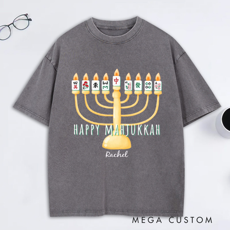 Personalized Hanukkah Mahjong Washed T-Shirt with Name Mahjong Lovers Holiday Shirt Mahj Funny Tee Jewish Holiday Gift Religious Funny Gift