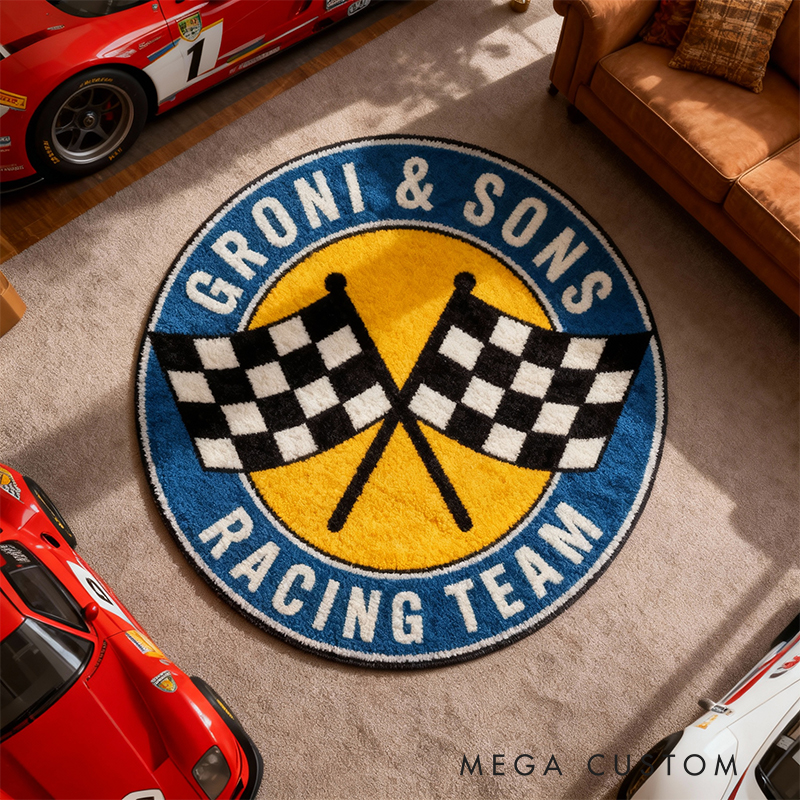 Personalized Racing Team Rug Custom Name Checkered Flag Round Carpet Gift for Car Lovers Garage Decor
