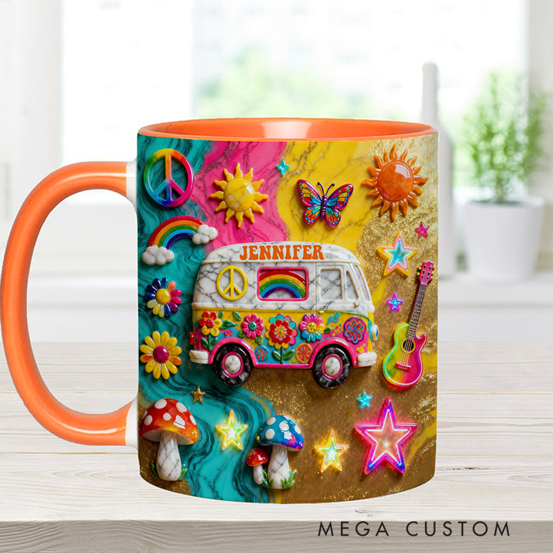 Personalized Hippie Souls Accent Mug Custom Name Colorful Hippie Car Hippie Coffee Mug Bohemian Coffee Mug
