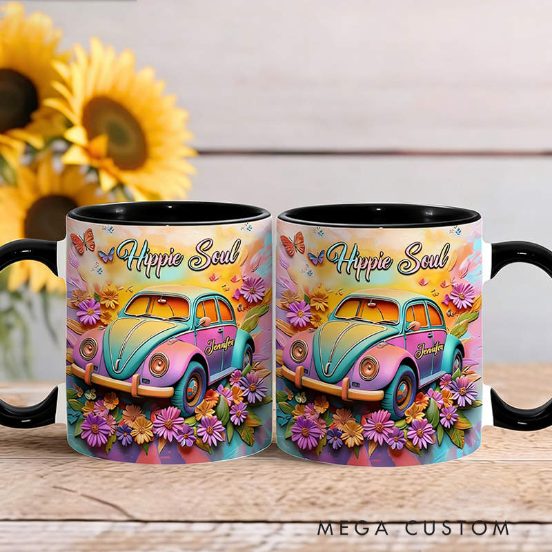 Personalized Hippie Souls Accent Mug Custom Name Colorful Hippie Car Hippie Coffee Mug Bohemian Coffee Mug