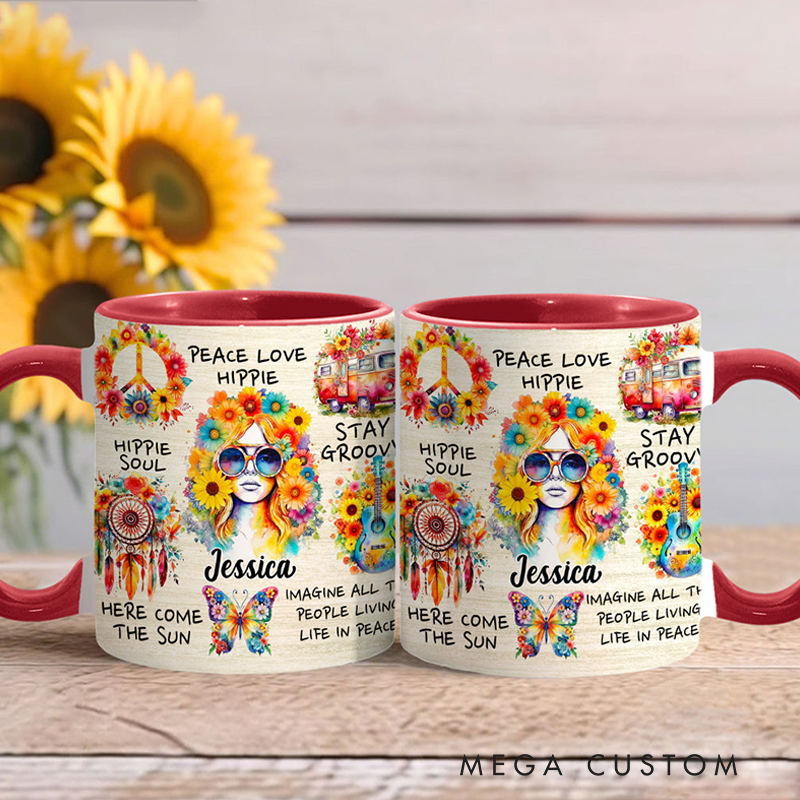 Personalized Hippie Accent Mug Custom Name Hippie Girl Hippie Soul Peace Love Mug for Music Lover Gift