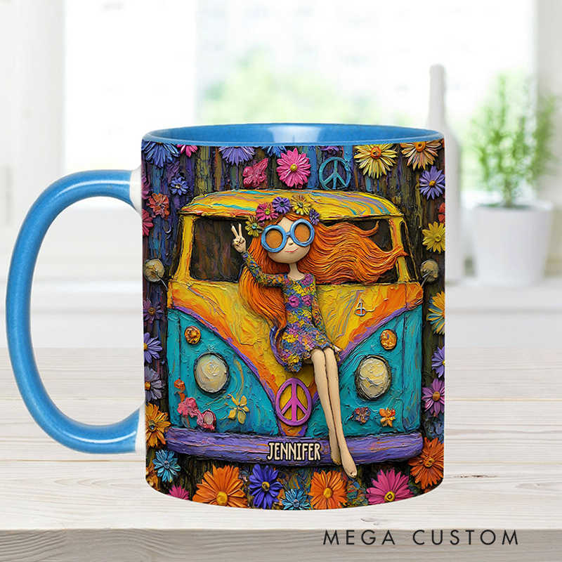 Personalized Hippie Accent Mug Custom Name Hippie Girl and Cars Hippie Soul Peace Love Mug for Music Lover Gift