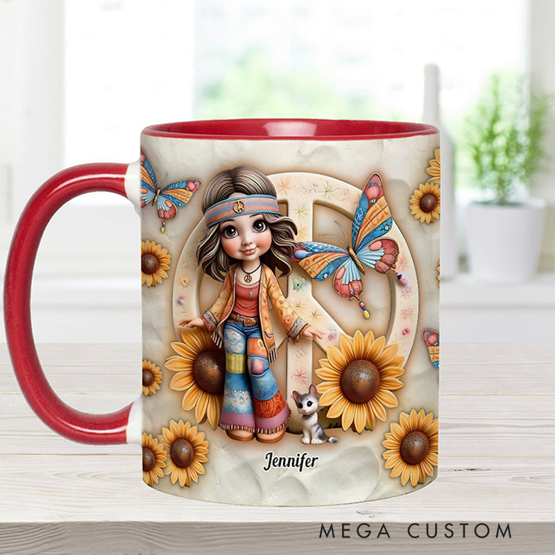 Personalized Hippie Accent Mug Custom Name Hippie Girl Hippie Soul Peace Love Mug for Music Lover Gift