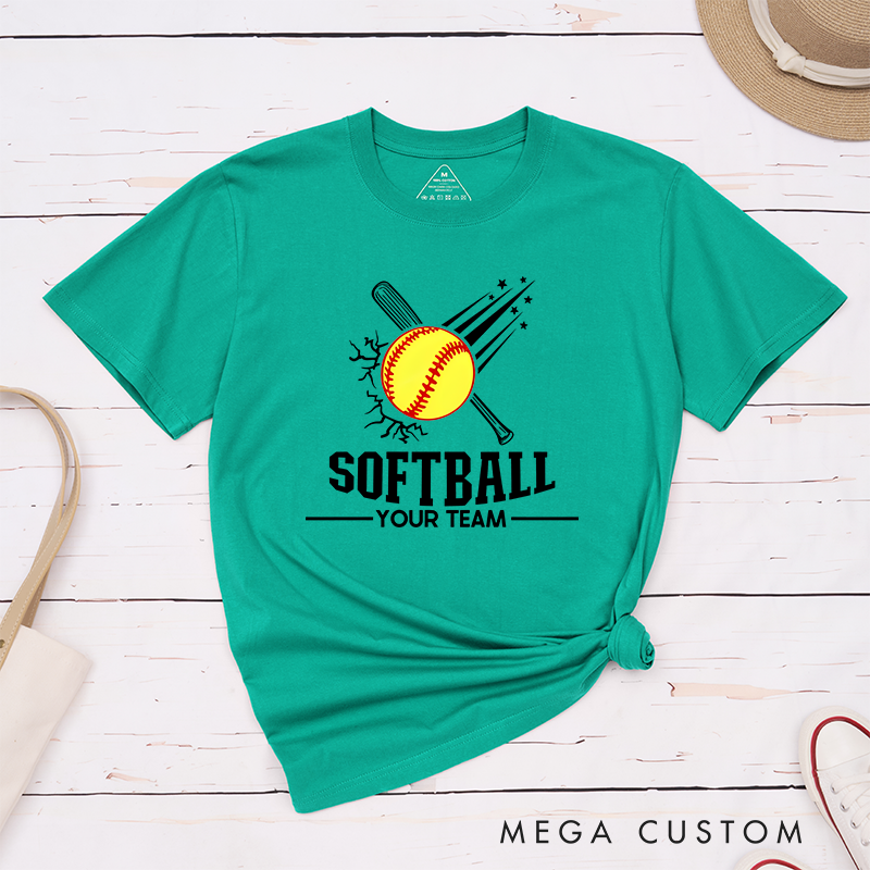 Personalized Softball Team T-Shirt Design Featuring Customizable Team Name Explosive Softball Graphic with Bat and Shooting Star Accents
