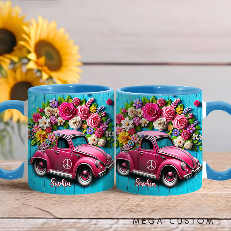 Personalized Hippie Accent Mug Custom Name Colorful Hippie Cars Mug for Music Lover Gift
