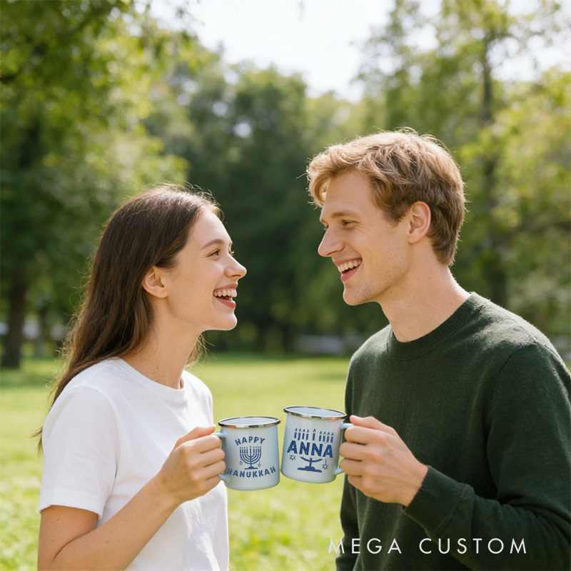 Personalized Hanukkah Menorah Campfire Enamel Mug with Custom Name Happy Hanukkah Gift for Jewish Gift for Campfire Adventurers Outdoor Enthusiasts