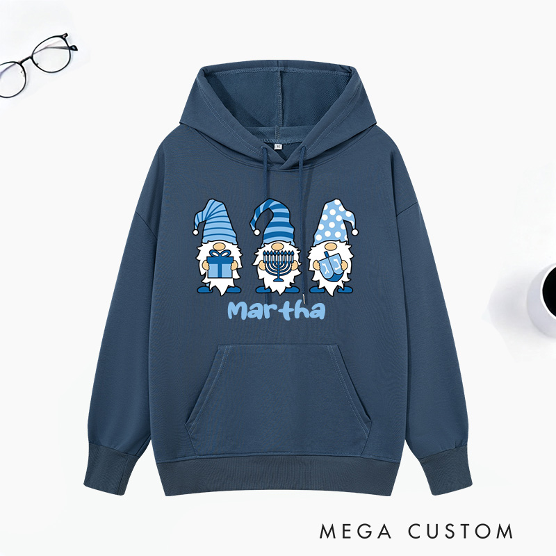 Personalized Gnomes Hanukkah Classic Hoodies with Name Unisex Hoodies Religious Gift Happy Hanukkah Gift for Jewish People