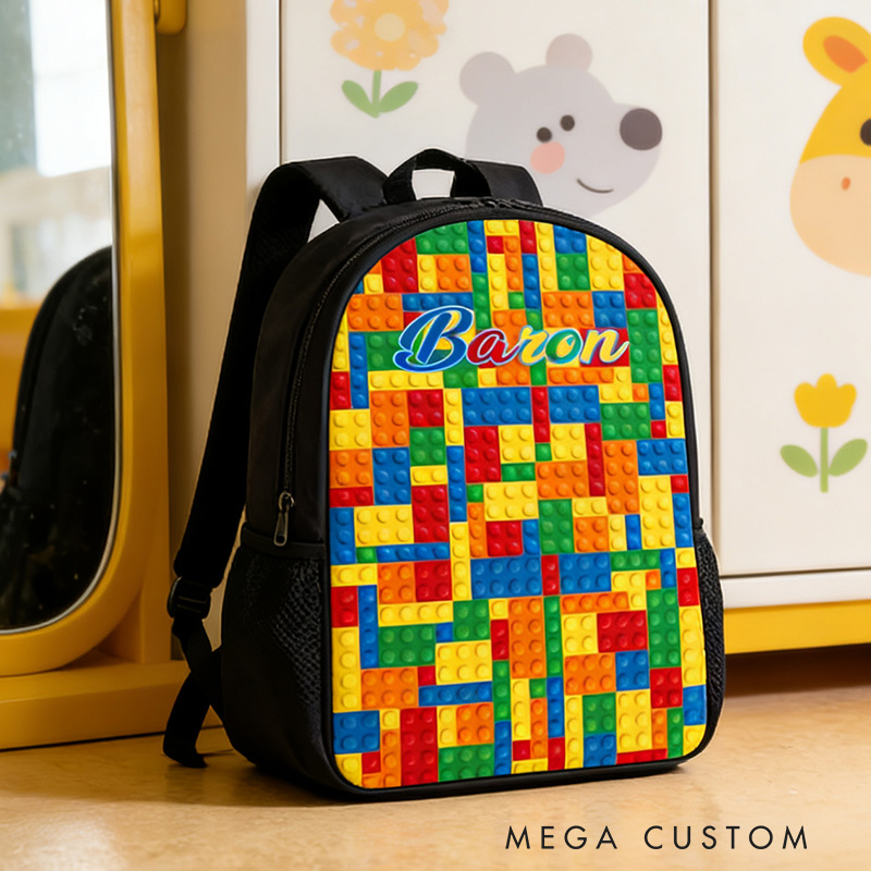 Personalized Building Block Pattern Backpack for Kids Custom Name Backpack Gift for Kid