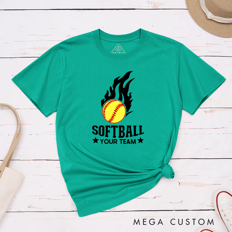 Personalized Softball Team T-Shirt Design Featuring Customizable Team Name Fiery Softball Graphic with Bold Star Accents