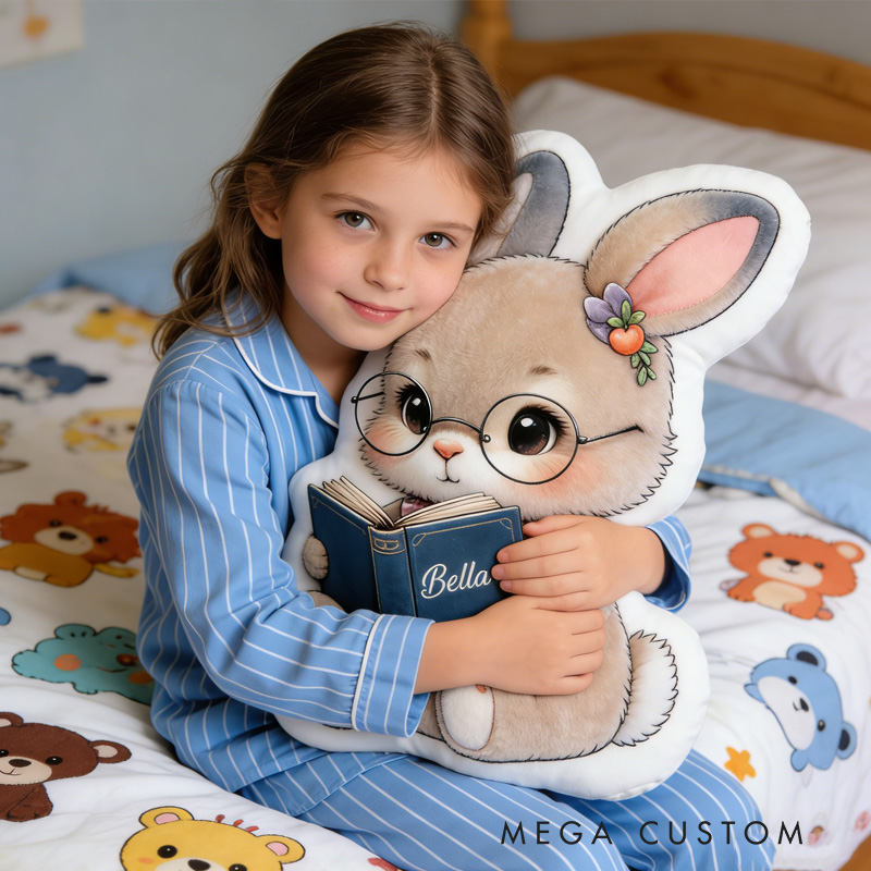 Personalized Reading Bunny Throw Pillow Graphic 3D Rabbit Reading Letter Pillow with Name for Kids Boy Girl Book Lover Bookish Bookworm Gift