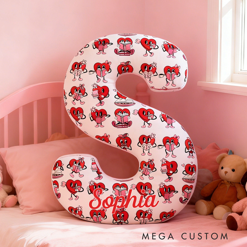 Personalized Bookish Heart Alphabet Throw Pillow Graphic 3D Reading Heart Letter Pillow with Name for Boyfriend Girlfriend Book Lover Bookish Bookworm Valentine's Day Gift