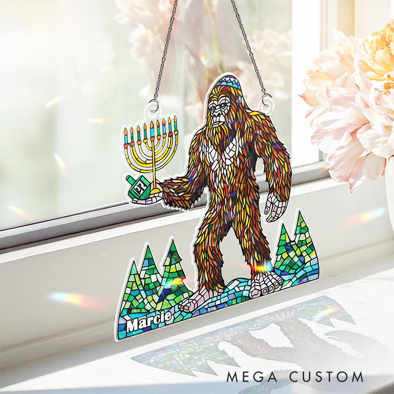 Personalized Holographic Bigfoot Hanukkah Suncatcher Ornament with Custom Name Sasquatch Judaica Window Hanging Hanukkah Decor Happy Hanukkahs Gift