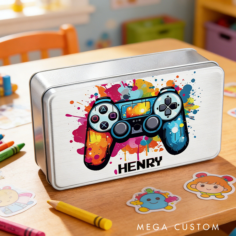 Personalized Splash-Ink Gamepad Design Biscuit Tin Storage Box with Name Birthday Gift for Kids Game Lover