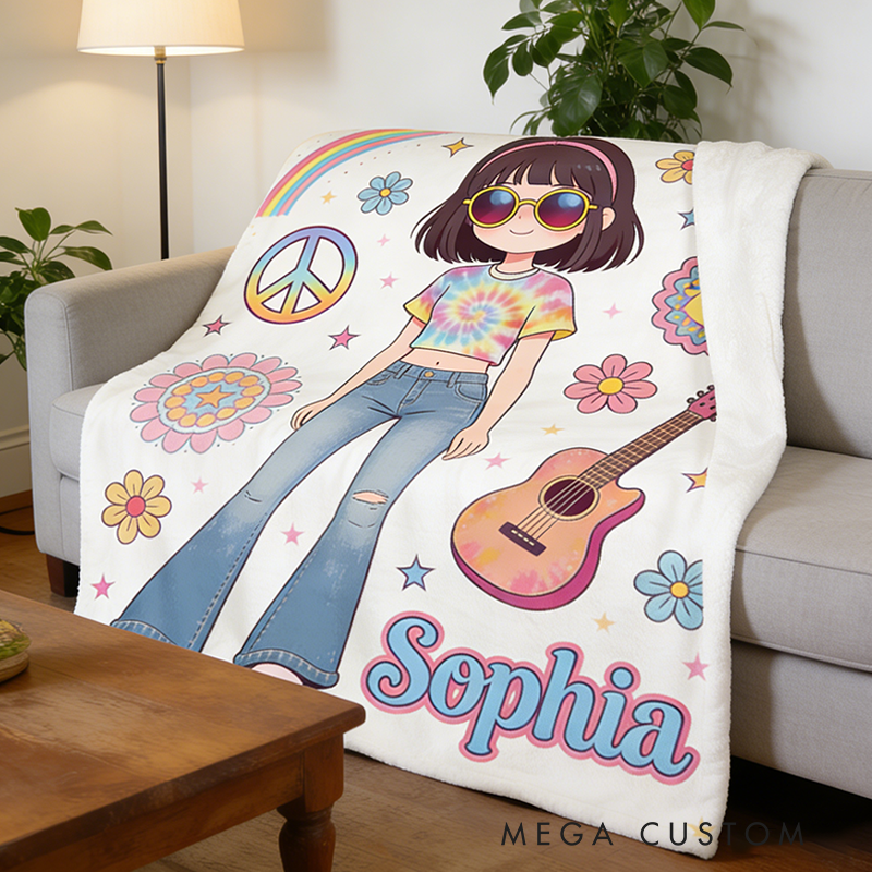 Personalized Hippie Style Blanket Custom Name Hippie Girl Hippie Soul Peace Love Blanket for Music Lover Gift