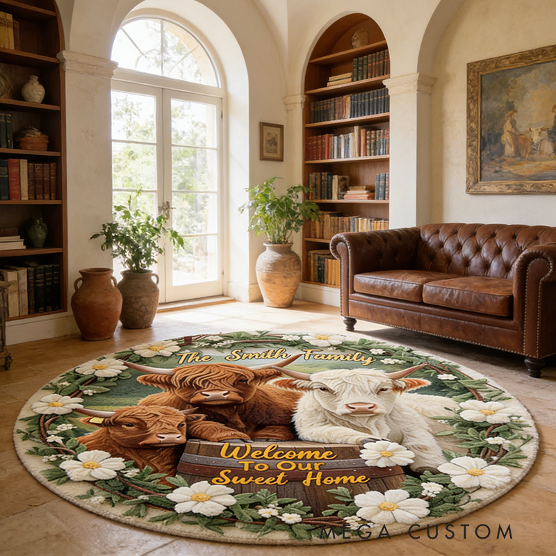 Personalized Welcome To Our Sweet Home Rug Custom Highland Cow Round Rug with Name for Family New Home Gifts Housewarming Day Gift