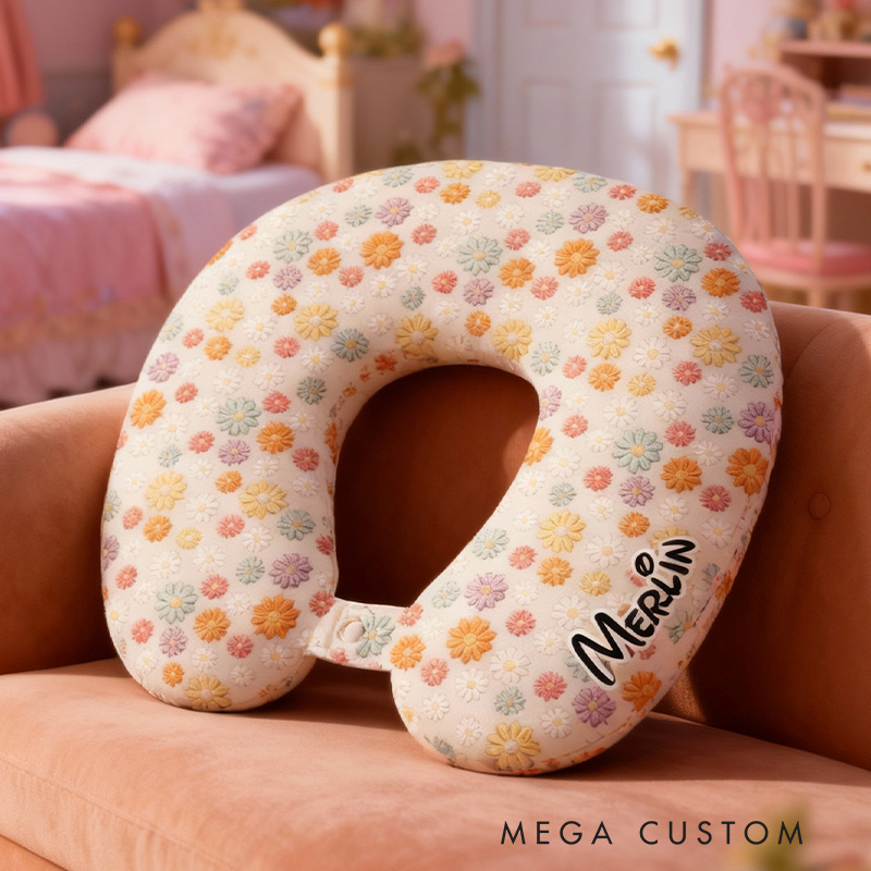 Personalized Daisy Pattern U-Shaped Pillow with Name Travel Gift for Girls
