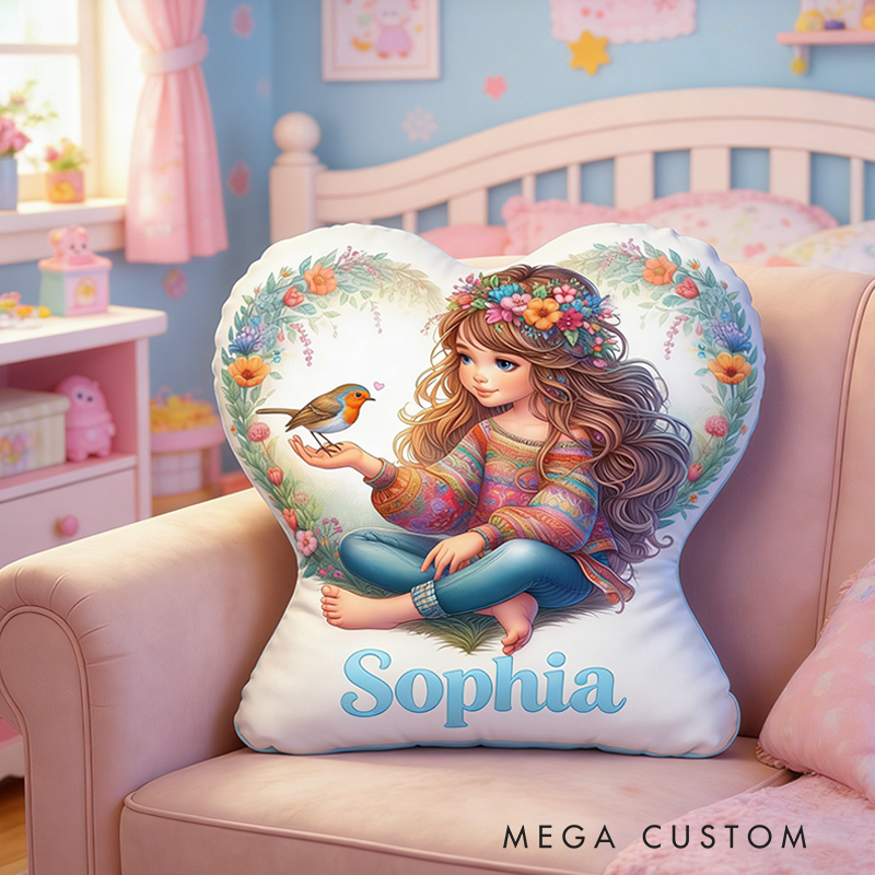 Personalized Heart Shaped Pillow Custom Name and Bohemian Girl Floral Wreath Bird Design for Her