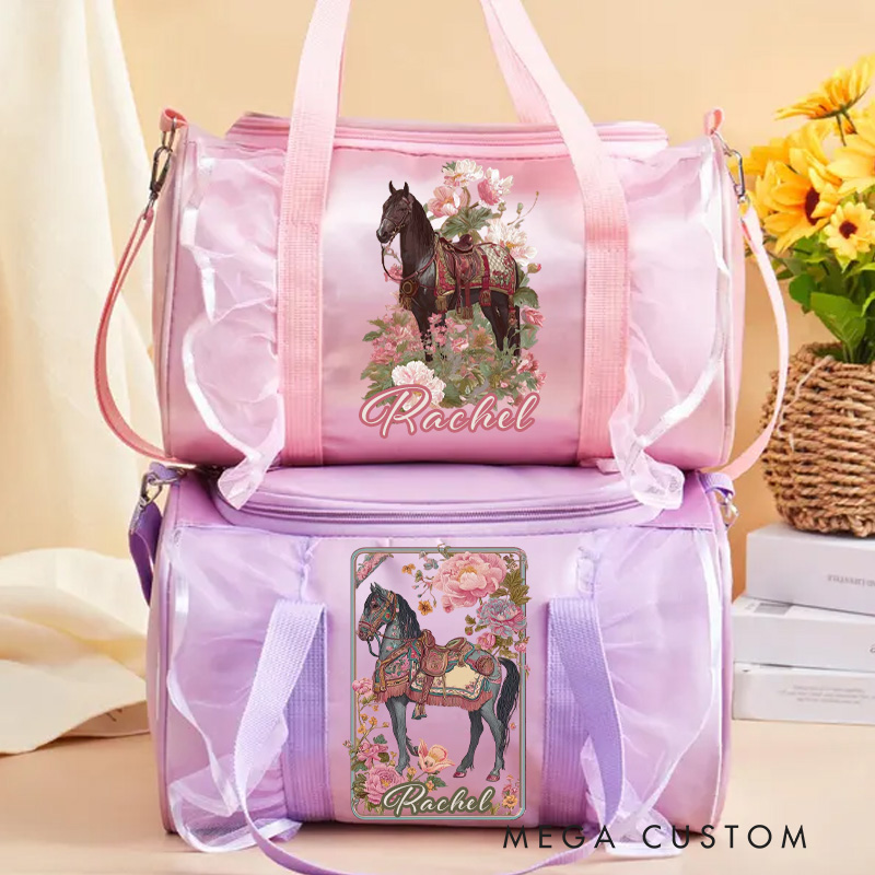 Personalized Horse Duffle Dance Bag with Name and Shoulder Strap Overnight Bag for Girl Ballet Bag Weekender Back To School Gift for Girls Riding Lovers Equestrian Lovers
