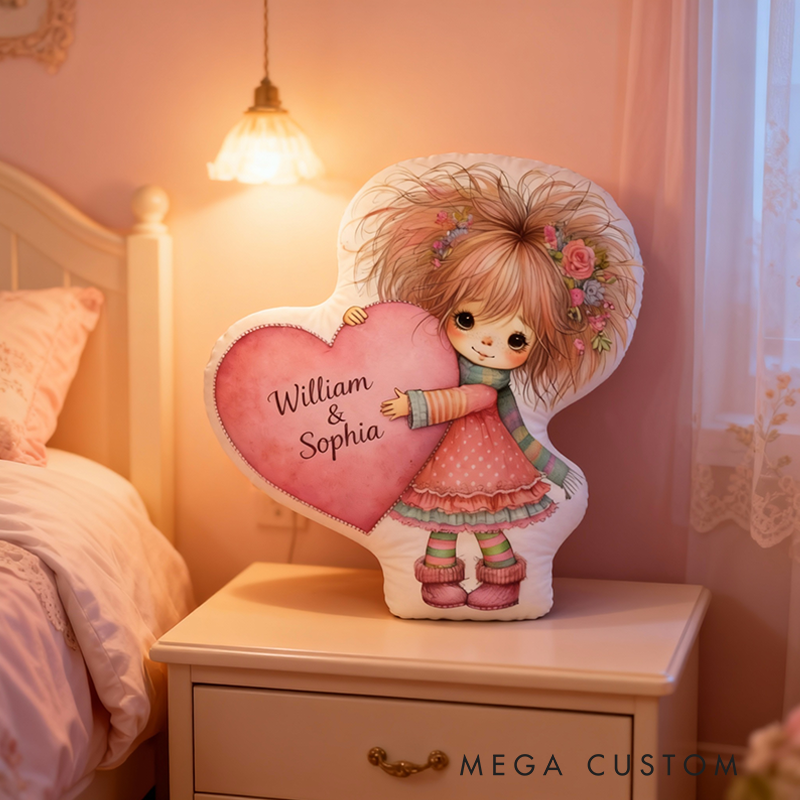 Personalized Cute Hipper Girl Hugging Heart Pillow Custom Names and Bohemian Girl Heart Design for Her