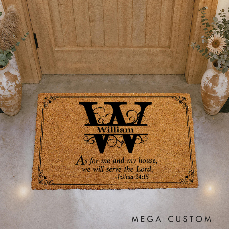Personalized We Will Serve the Lord with Initials of Family Name Doormat Non-Slip Welcome Mat Religious Housewarming Gift