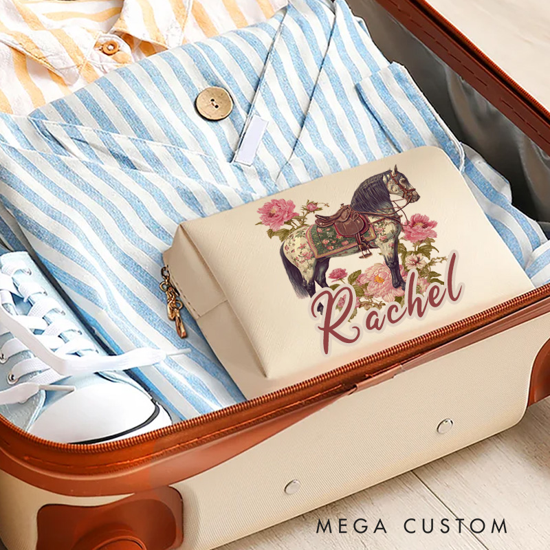 Personalized Horse Makeup Tool Organizer Toiletry Bag Custom Name for Kids Travel Gifts and Daily Use Weekender Back To School Gift for Girls Riding Lovers Equestrian Lovers