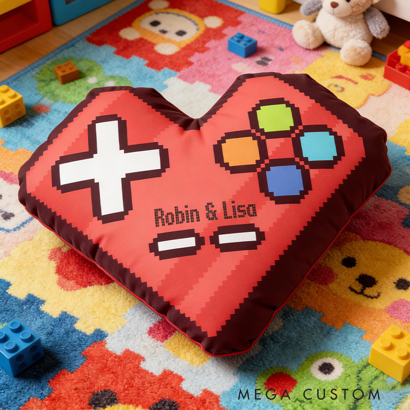 Personalized Pixel Art Gamer Heart Pillow Gamer Couple Pillow with Name Custom Geek Gamer Gifts