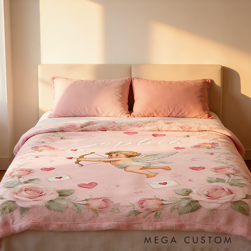 Personalized Cupid Themed Valentine's Day Gift Blanket Custom Name for Her