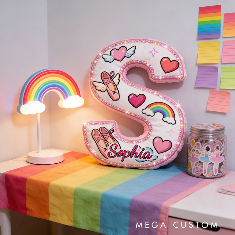 Personalized Graphic 3D Fantacy Rainbow Ballerina Alphabet Shaped Pillow for Dance Lovers Initial Pillow Christmas Gift for Kids
