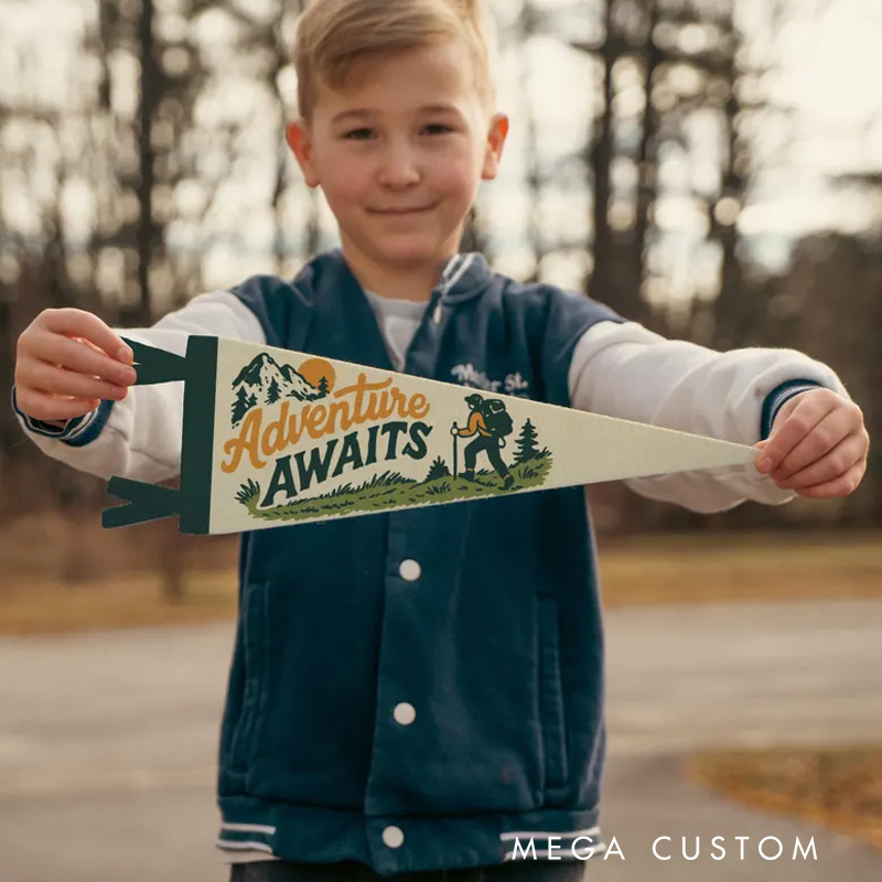 Personalized Adventure Awaits Felt Pennant Natured Theme Wall Decor Hiking Camp Banner Wanderer Sign Outdoor Lover Gift Inspirational Travel Art