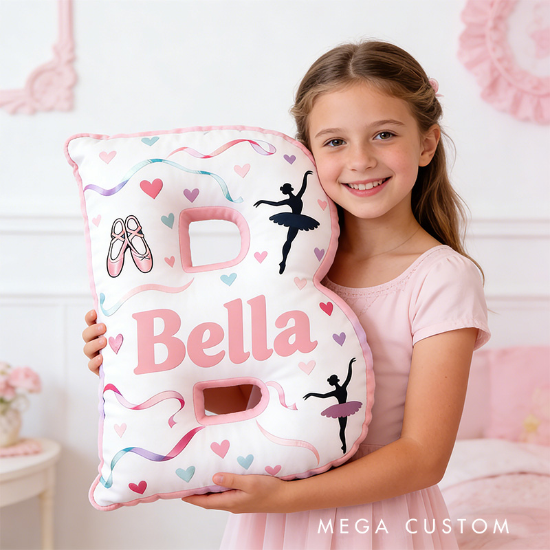 Personalized Graphic 3D Swirling Ribbons Ballerina Alphabet Shaped Pillow for Dance Lovers Initial Pillow Christmas Gift for Kids
