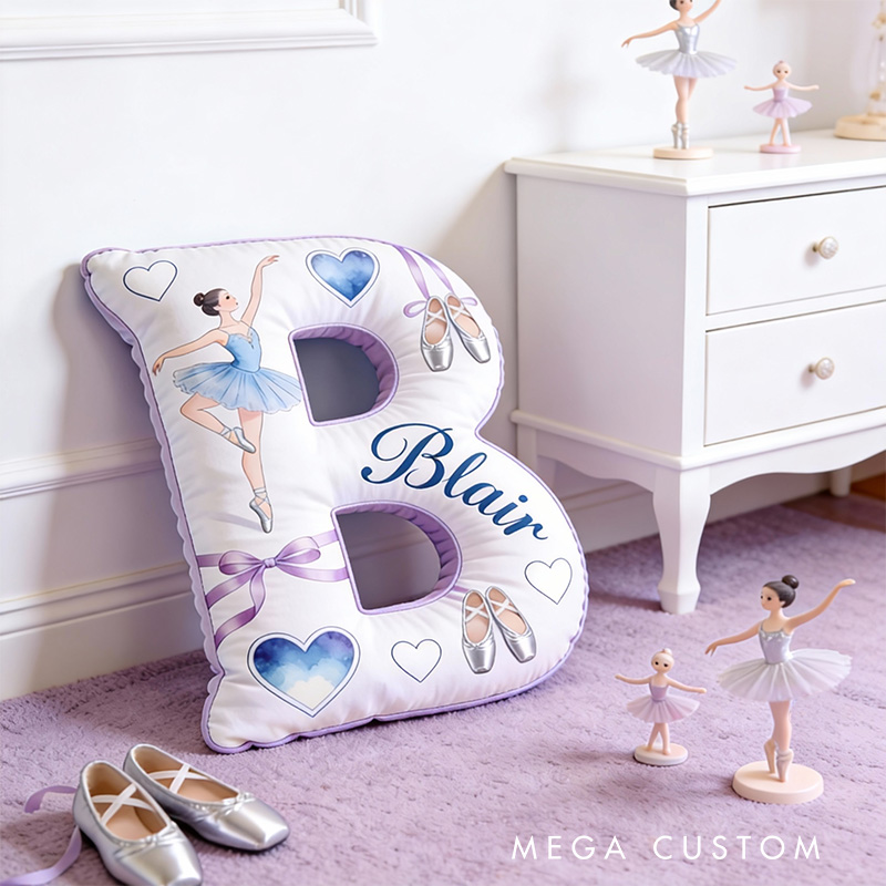 Personalized Graphic 3D Blue And Purple Dream Ballerina Alphabet Shaped Pillow for Dance Lovers Initial Pillow Christmas Gift for Kids