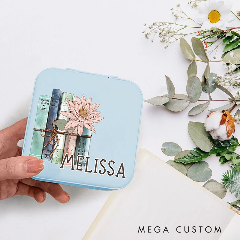 Personalized Book Birth Flower Jewelry Box Portable Travel Accessory Birthday Bridesmaid Gift for Women Book Lover
