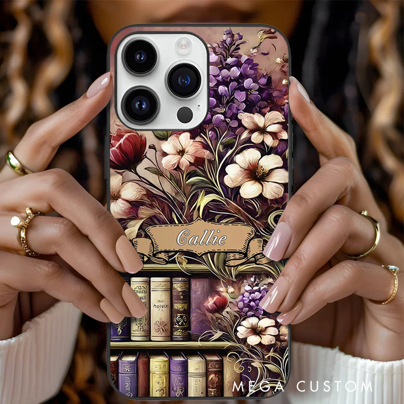 Personalized Floral Bookshelf Phone Case Vintage Oil Painting Style Phone Case with Name for Book Lovers Bookworms Readers Bookish