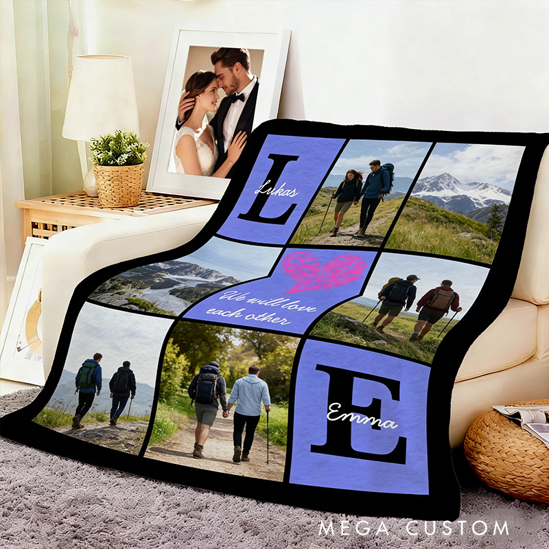 Personalized Heart 6 Photos Soft Throw Blanket with Name and Text Home Decor Valentine's Day Outdoor Hiking Gift for Couple