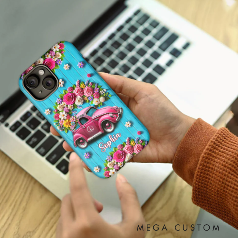 Personalized Hippie Accent Phone Case Custom Name Hippie Cars Theme and Flower Case