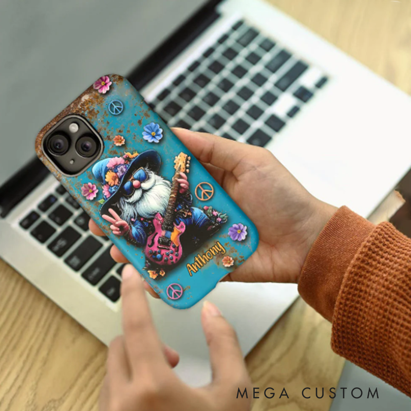 Personalized Hippie Gnome and Guitar Hipper Phone Case Custom Name Hippie Theme and Flower Case