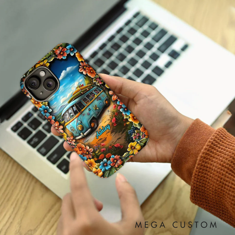 Personalized Hippie Accent Phone Case Custom Name Hippie Cars Theme and Flower Case