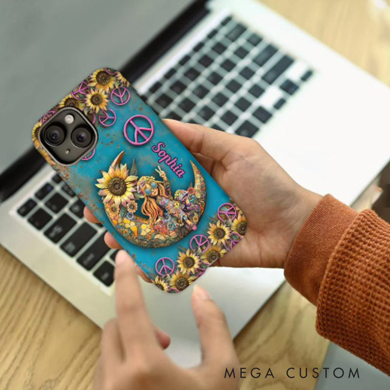Personalized Hippie Girl Accent Phone Case Custom Name Hippie Theme and Flower Case