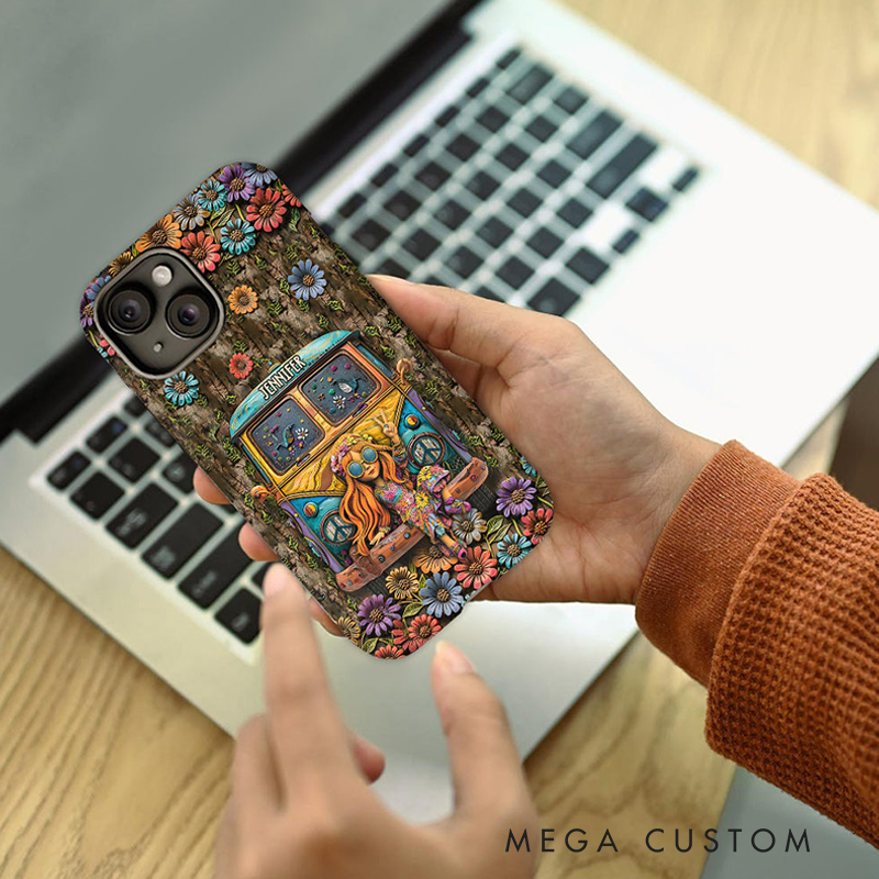 Personalized Hippie Girl and Cars Accent Phone Case Custom Name Hippie Theme and Flower Case