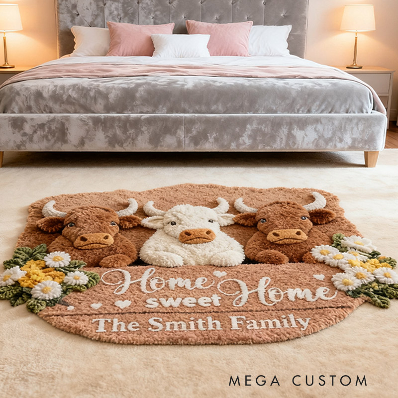 Personalized Home Sweet Home Rug Custom Highland Cow Mat for Family Housewarming Gift